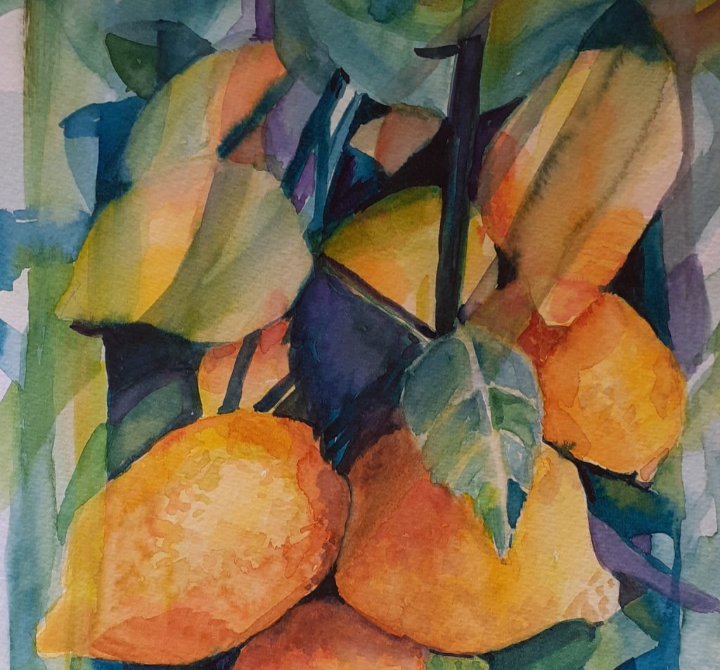 Aquarelle avec des citrons jaunes